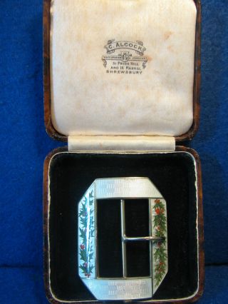 Edwardian 1911 Silver Gilt Guilloche Enamel Buckle Holly Green Red & White Boxed photo
