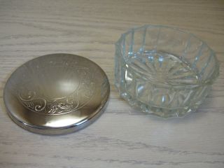 Powder Trinket Vanity Glass Panel Jar With Silver Plate Lid Flower Leaf Design photo