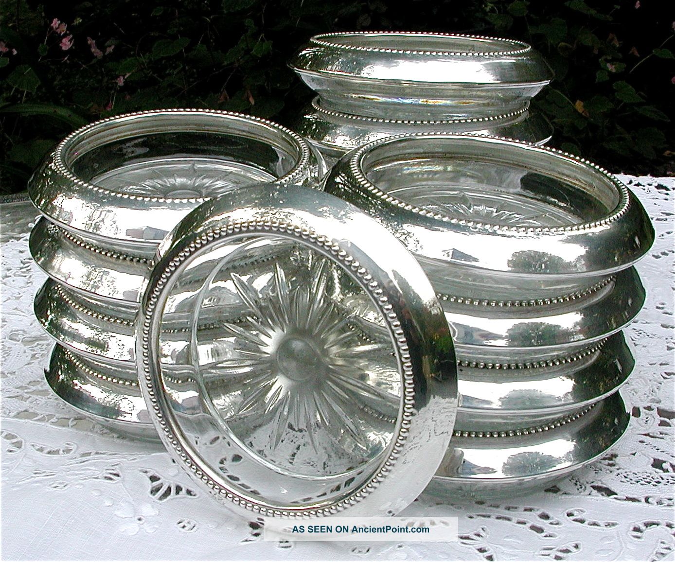 Vtg Set 14 Matching Sterling Silver Glass Drink Barware Bar Coasters Bead Edges Dishes & Coasters photo
