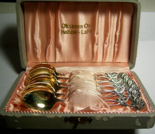 Finnish Silver Demitasse Spoons Helsinki 813h Oksanen Oy Set 0f 6 In Box photo