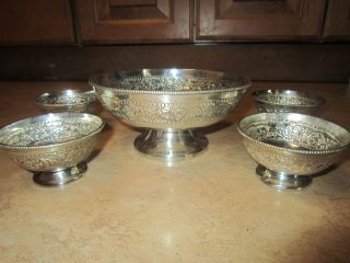 Antique Victorian Art Nouveau Silverplate Silver Plate Berry 5 Bowl Set,  Signed photo