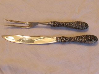 Vintage Sterling Silver Stieff Rose Repousse Carving Knife & Fork Set photo