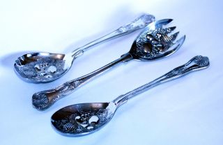 Set Of Large Silver Plated Kings Pattern Salad Serving Spoons photo