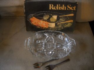 Crystal Relish Dish,  With 2 Leonard Silverplated Forks,  New In Box photo