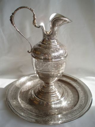 Solid Silver Claret Jug And Salver.  Egypt Hallmarked In 6 Places.  Total 900 Gms photo