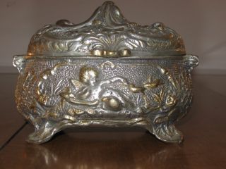 Antique Victorian Silver Tone Cherub Angel Box Hinged Medium Sized - Velvet Lined photo