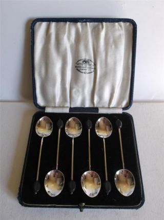 6 Art Deco 1930s Goldsmiths & Silversmiths E.  Pn.  S Coffee Bean Spoons Boxed photo