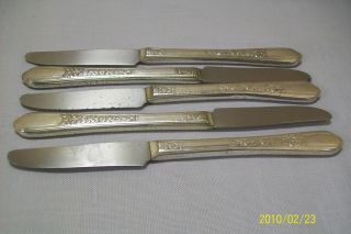 Silver Plate Flat Ware Qty 5 Butter Knifes Floral Sl & Gl Rogers Co 1938 photo