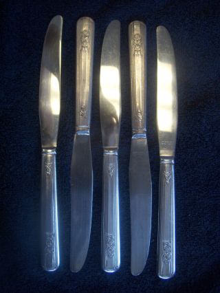 Set (5) Oneida 1938 Rosalie Pattern Sterling Silver Plated Knives + (1) Butter photo