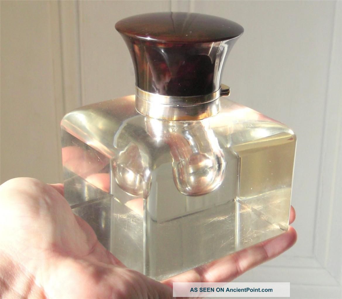 Antique Heavy (1.  25kg) Faux Tortoiseshell Topped Square Sided Glass Inkwell Other photo
