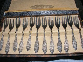12 Gero Zilver 90 Silver Demitasse Forks Box Holland Art Nouveau 160 Grams photo