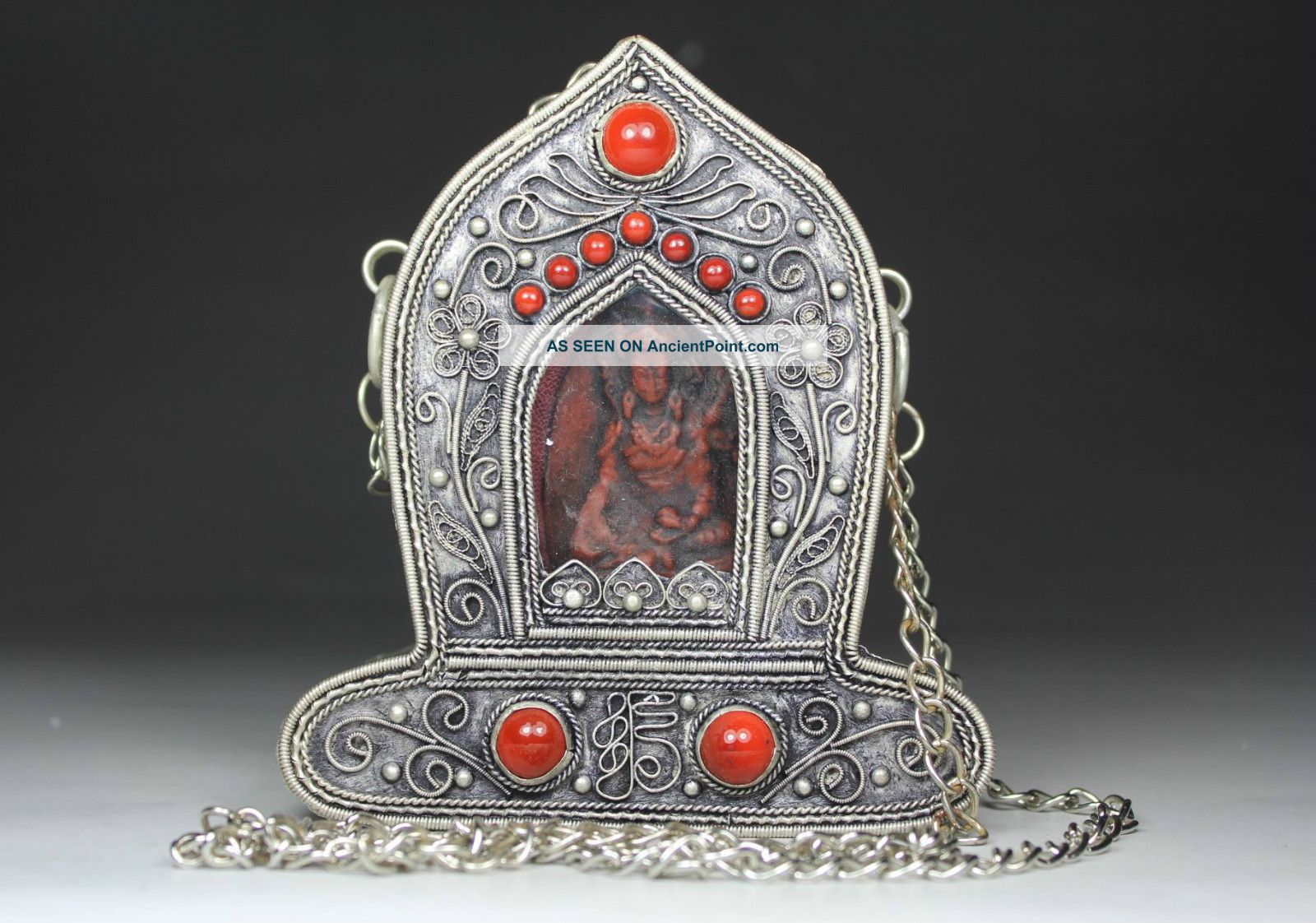 Chinese Old Miao Silver Handwork Inlay Coral Buddha Blessing Box Decoration Uncategorized photo