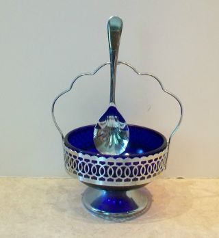 Vtg Celtic Quality Silver Plate Compote Sugar Jam Cobalt Blue Glass Bowl Spoon photo