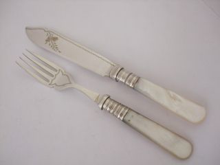 Antique Silver Plate Fish Knife & Fork Engraved Fern Mother Of Pearl Handle photo