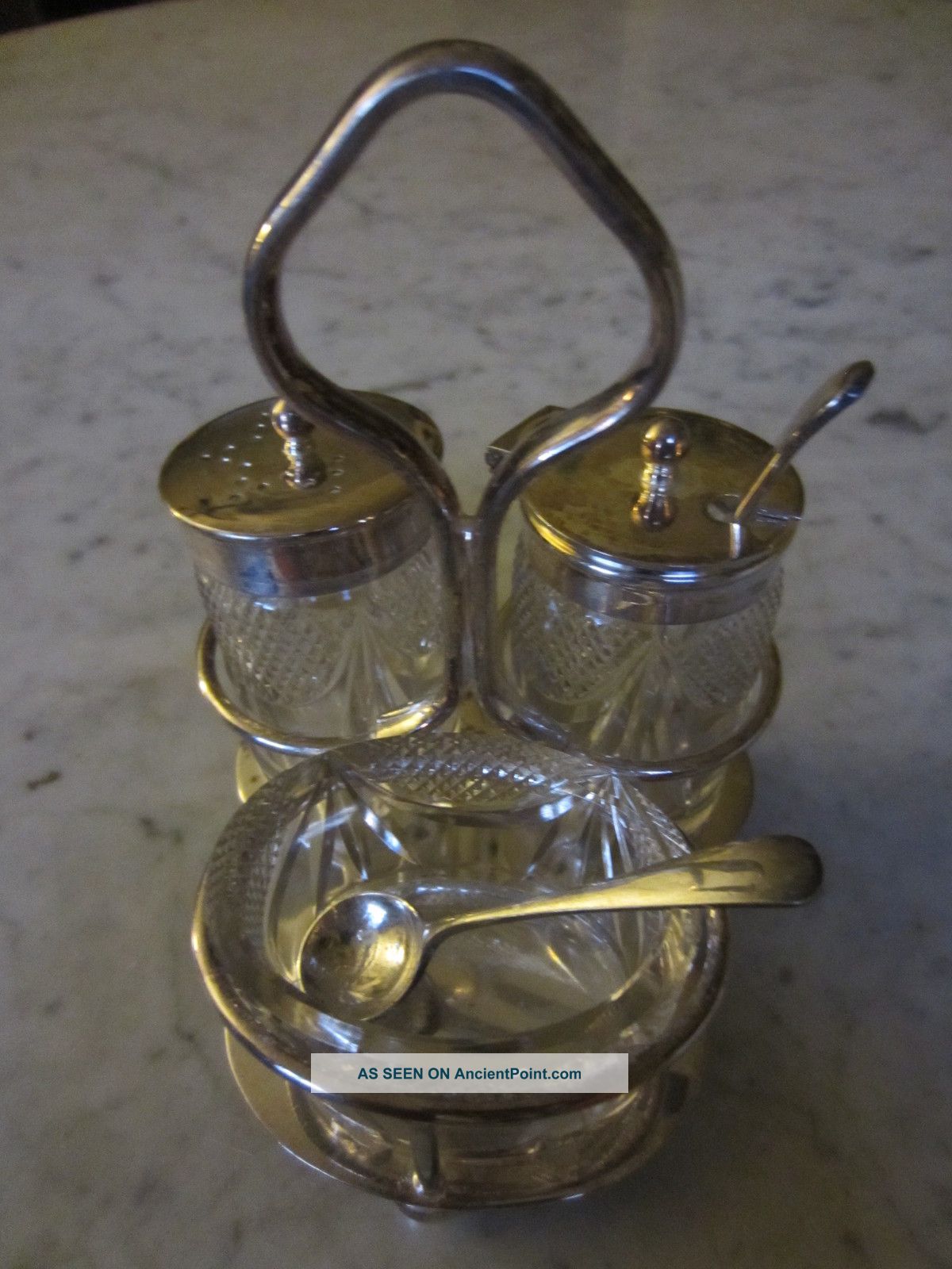 Antique Sterling Silver & Crystal Caddy 2 Tiny Silver Spoons Condiment Hallmark Salt Cellars photo