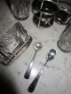 Antique Sterling Silver & Crystal Caddy 2 Tiny Silver Spoons Condiment Hallmark Salt Cellars photo 3
