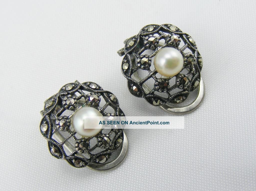 Antique Solid Silver Art Deco Maracsite And Pearl Clip On Earrings Uncategorized photo