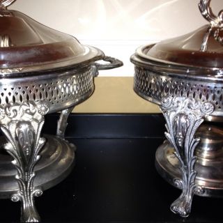 Pair Of 2 Matching Leonard Silver 4pc Chafing Dish Sets/warmers & Glass Inserts photo