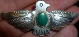 Solid Silver Bird Brooch With Green Stone Mexican 19th Century Rare Lovely Item photo