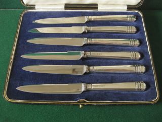 Antique Hallmarked British Silver Handled Desert Knives 1938 Art - Deco Style.  [ photo