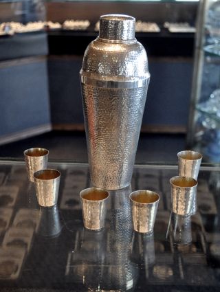 Sterling Silver Cocktail/martini Shaker With 6pc.  Set Of Matching Shot Glasses photo