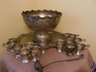 Birmingham Silver Company Punch Bowl With 12 Cups And Serving Tray Silver/copper photo