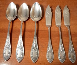 Solid Sterling Silver 800 Set Of 3 Knives (21cm) 3 Spoon (21,  5 Cm) Italian 1870 photo