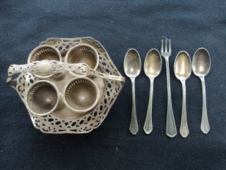 Antique Silver 4 Egg Cruet Spoons & Fork photo