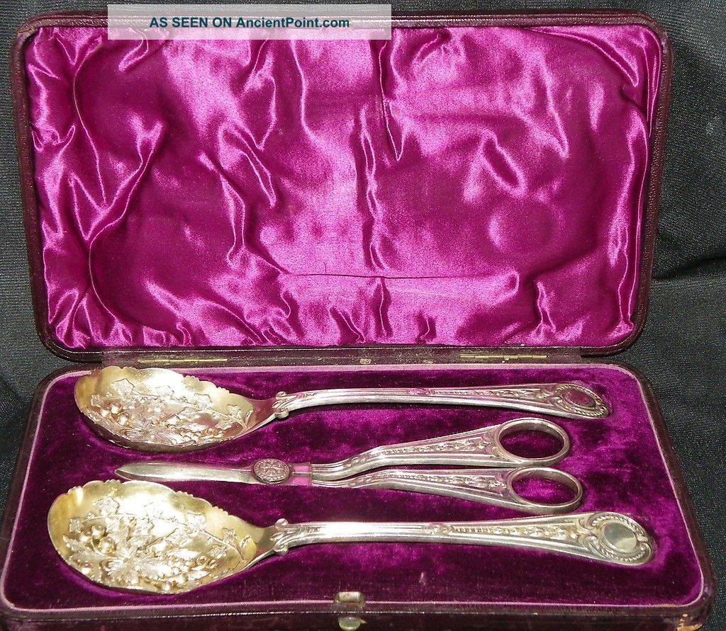 Silver Victorian Grape Scissors Pair Of Fruit Spoons Case Rare Unknown photo