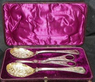 Silver Victorian Grape Scissors Pair Of Fruit Spoons Case Rare photo