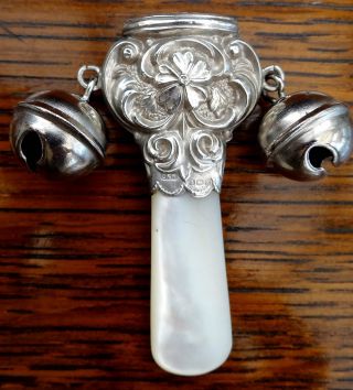 Attractive Antique Hallmarked Silver & Mother Of Pearl Babies Teether / Rattle photo