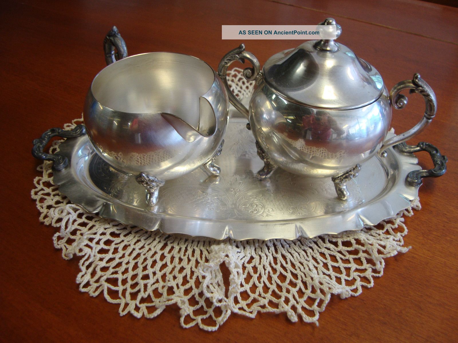 Footed Silver On Copper Covered Sugar Bowl & Creamer With Tray Creamers & Sugar Bowls photo