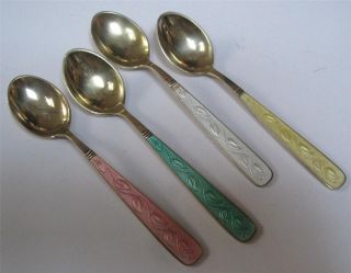 4 Vintage Volmer Bahner Sterling Silver & Enamel Demitasse Spoons W/ Gold Wash A photo