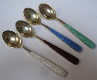 4 Vintage Volmer Bahner Sterling Silver & Enamel Demitasse Spoons W/ Gold Wash B photo