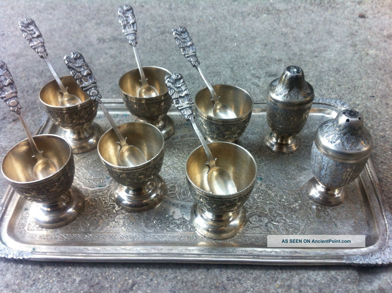 19th Cent.  Persian Sterling Silver Tray/egg Cups/salt And Pepper Shakers/spoons Other photo