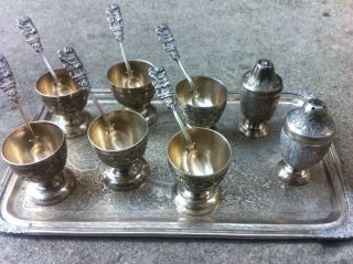19th Cent.  Persian Sterling Silver Tray/egg Cups/salt And Pepper Shakers/spoons photo