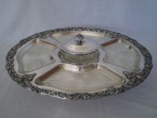 Vintage English Silver Mfg Corp Silverplated Lazy Susan W/ Glass Insert Dishes photo