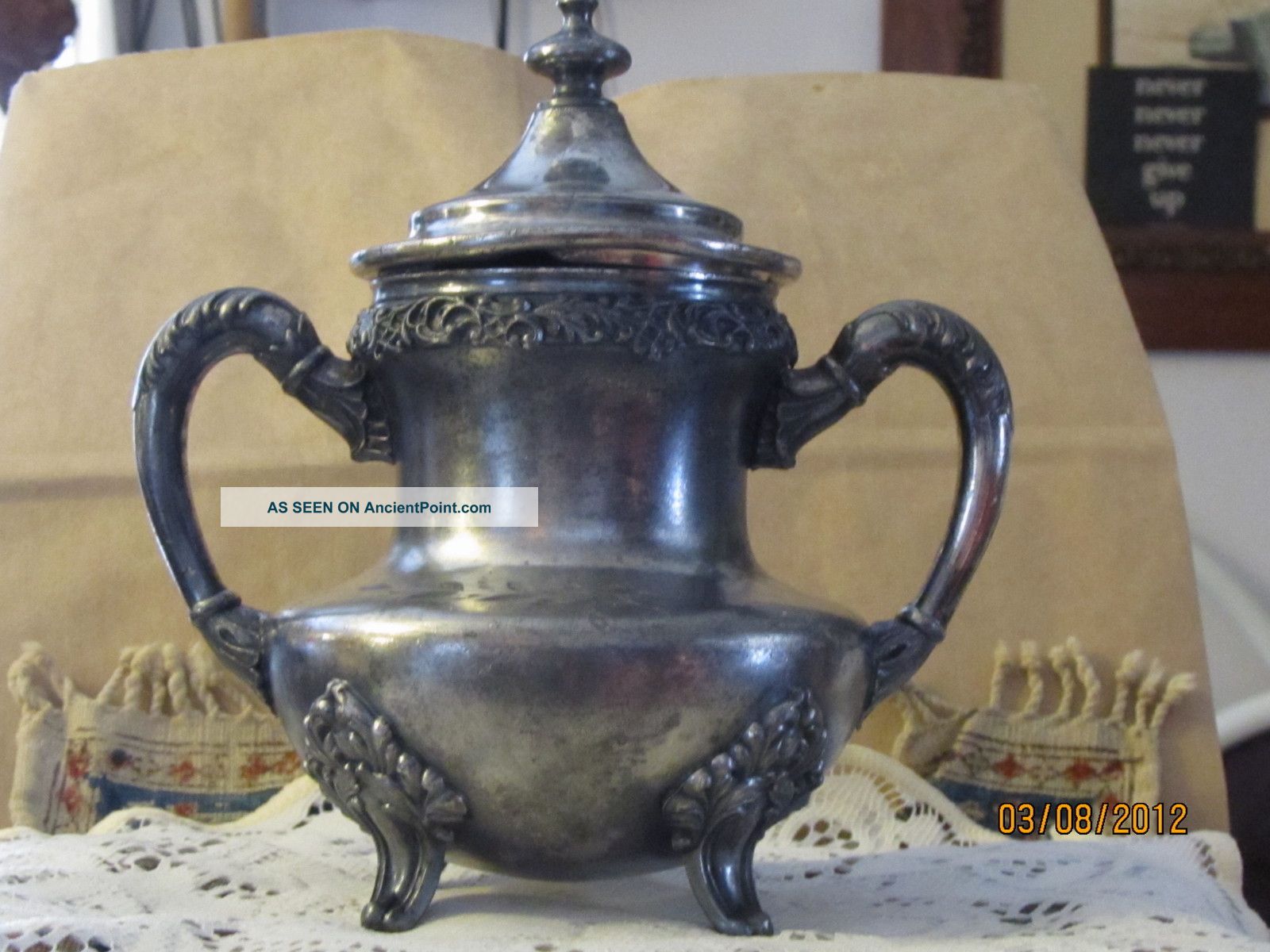 Antique Quadruple Plate Etched Sugar Bowl With Legs.  F B Rogers.  Stunning.  Look Creamers & Sugar Bowls photo