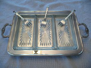 Vintage Leonard Ep Silverplate Footed Relish Tray With 3 Glass Inserts & 3 Forks photo
