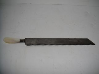 Victorian Era Mother Of Pearl Handle Jagged Edge Bread Knife Sterling Cuff Old photo