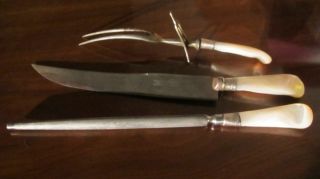 Antique Sterling Silver Ferrules Mother Of Pearl Handle Carving Set Keen Germany photo