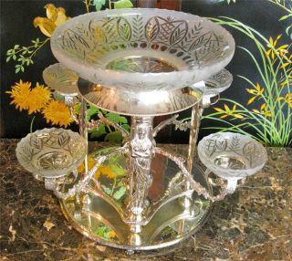 Vintage,  Large Cut Crystal Silverplate Epergne Egyptian Revival 5 Glass Bowls Nr photo