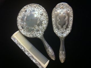 Ornate Vintage Gorham Chantilly Silverplate Vanity Set Hand Mirror Brush Comb photo