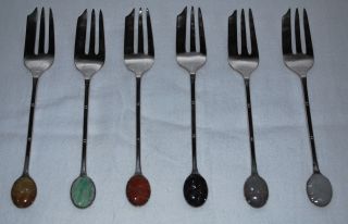 Set Of 6.  Sterling Silver.  900 & Carved Jadeite Jade Ice Cream Dessert Forks photo