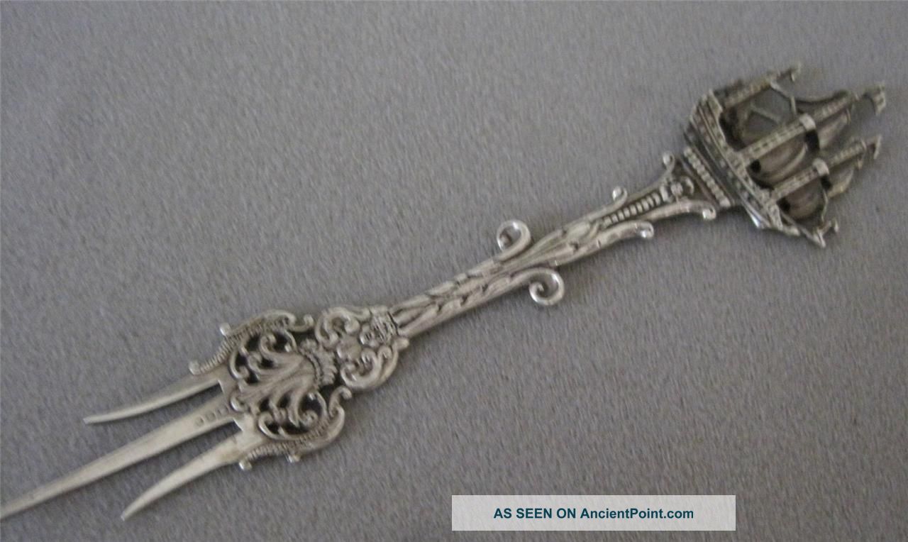 Antique Ornate Dutch 833 Silver Serving Fork With Ship Handle 37 Grams Other photo