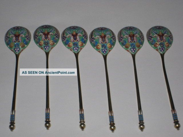 Set Of 6 Russian Silver Gilt 84 Cloisonne Enamel Tea Spoons - Pavel Ovchinnikov Russia photo