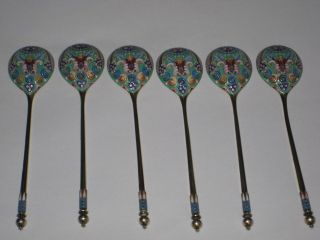 Set Of 6 Russian Silver Gilt 84 Cloisonne Enamel Tea Spoons - Pavel Ovchinnikov photo