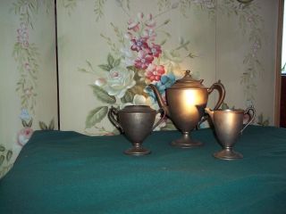 Antique Tea Set Tea/coffee Pot Sugar And Creamer Silverplate photo