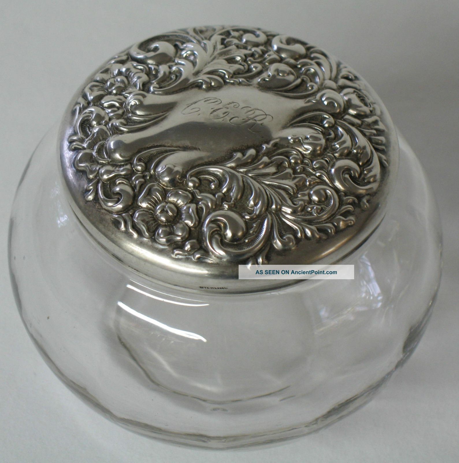 Antique Powder Jar Glass With Sterling Silver Repousse Lid Other photo