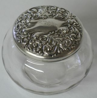 Antique Powder Jar Glass With Sterling Silver Repousse Lid photo